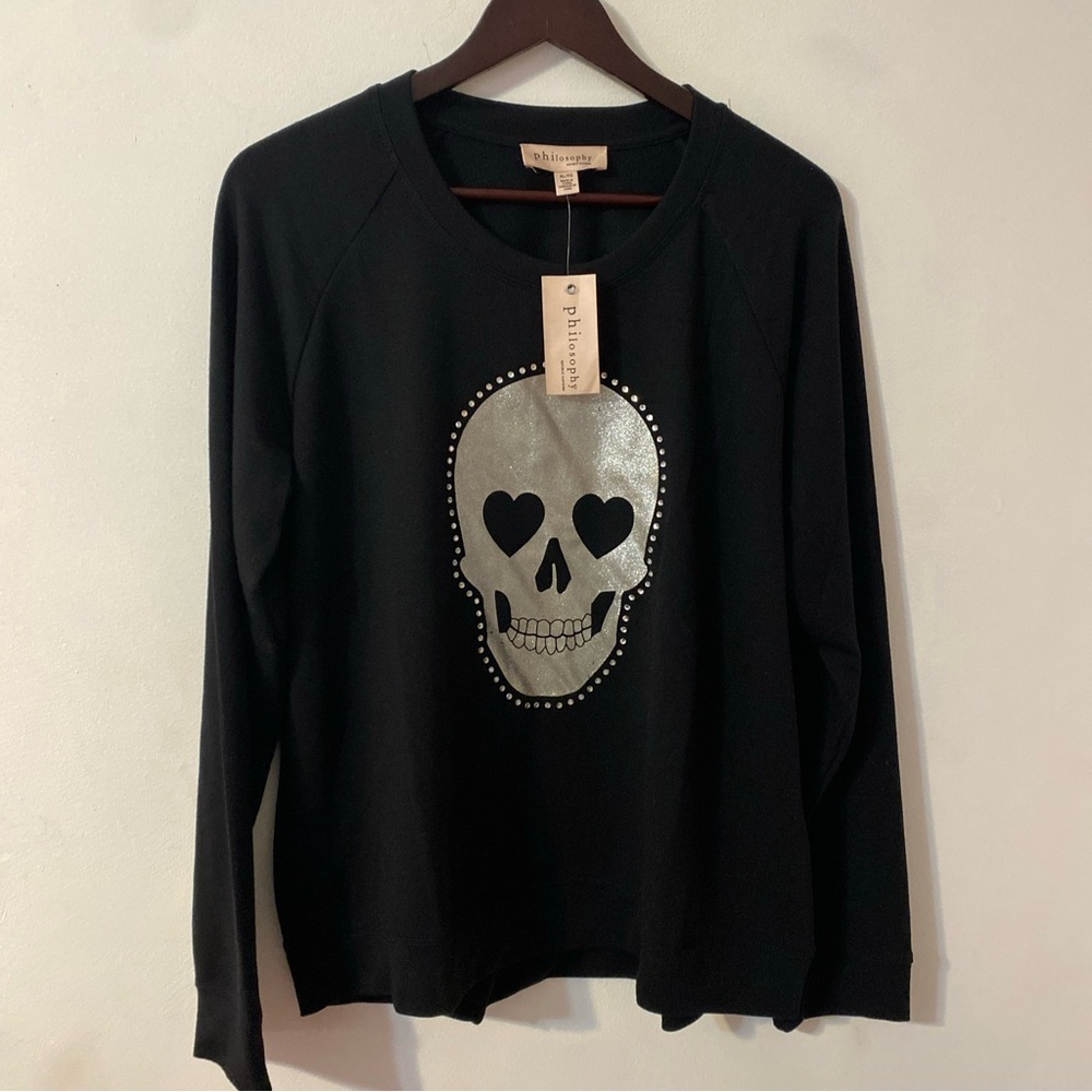 Philosophy Women’s Black Glitter Skull Graphic Sweatshirt Size L NWT